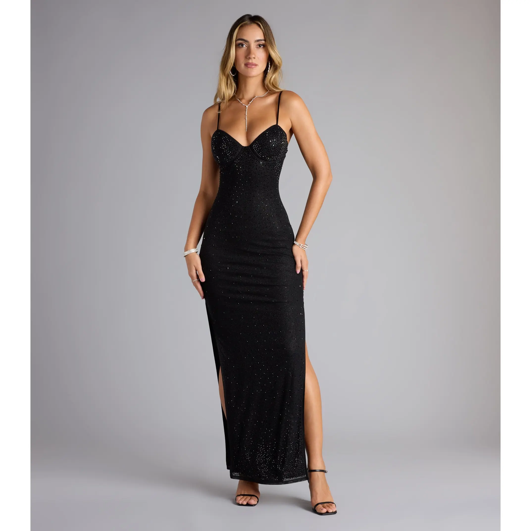 Adaline Rhinestone Glitter Mesh Formal Dress