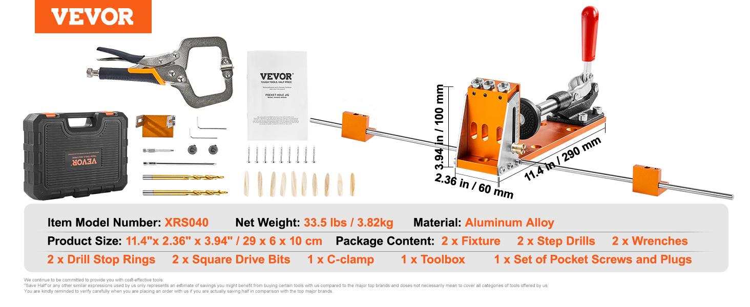 VEVOR Pocket Hole Jig Kit, TikTokShopBlackFriday, 34 Pcs Pocket Hole Jig System with 11" C-clamp,  Fixture, Step Drills, Wrenches, Drill Stop Rings, Square Drive Bits, Toolbox, Adjustable, for DIY Carpentry Projects  VEVOR Super Brand Day