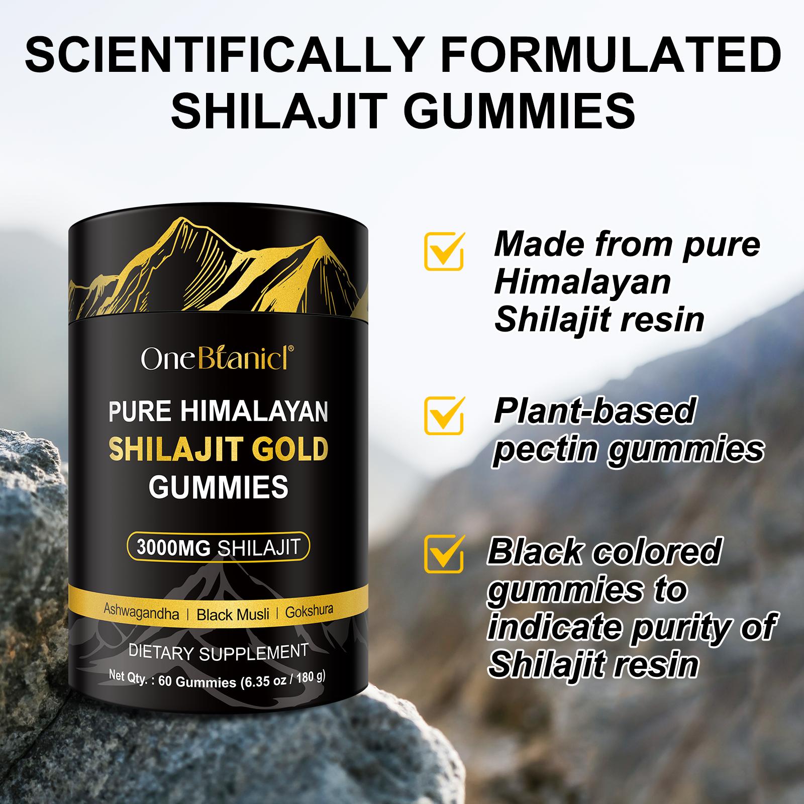 ONEBTANICL Pure Himalayan Shilajit Gold Gummies 3000MG Lab Tested No Sugar Added with Ashwagandha Gokshura & 85+ Trace Minerals 60 Count