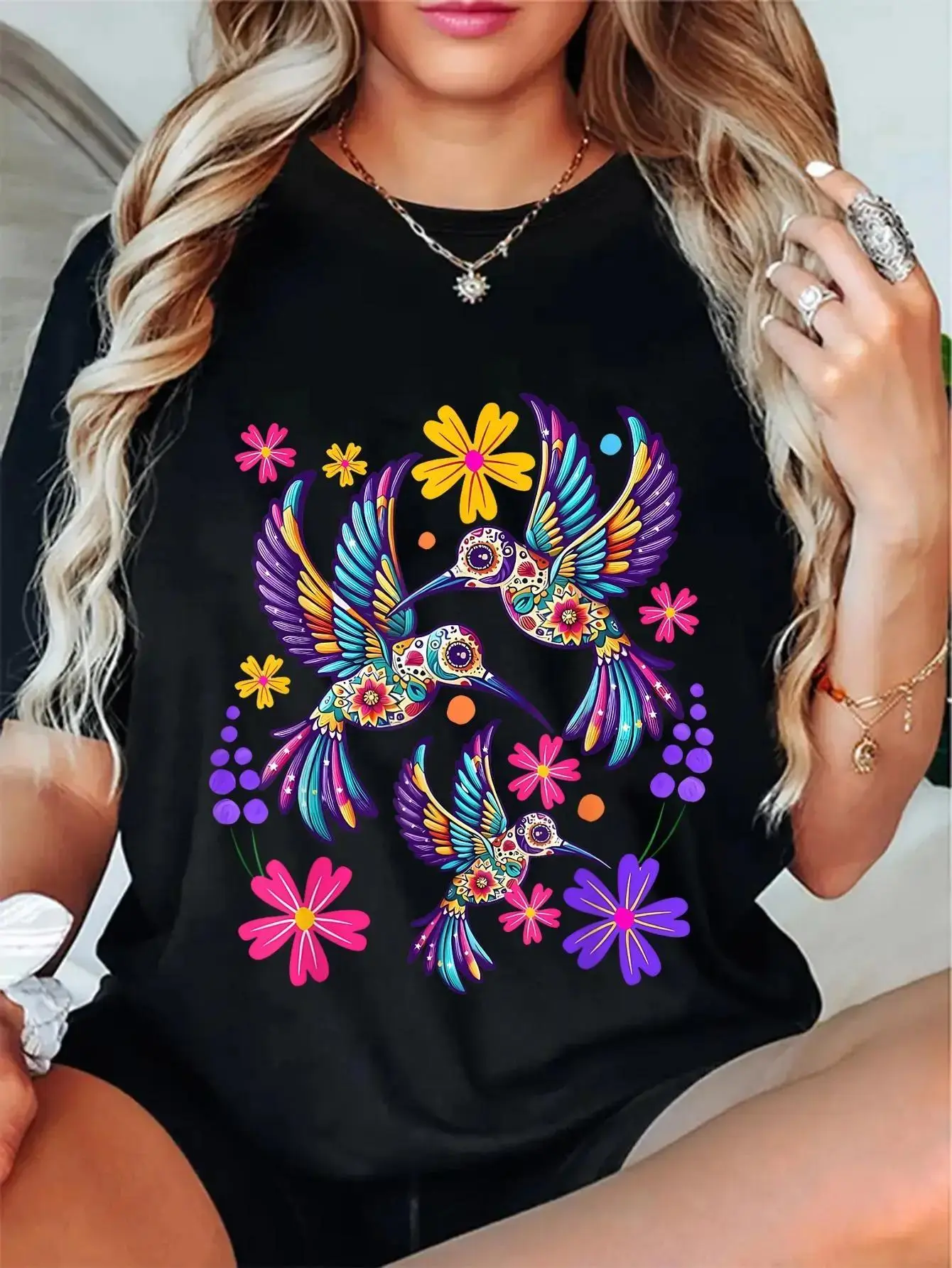 Cotton Unisex Hummingbird Colorful Mexican Flowers Bird Floral Nature T-Shirt,Unisex Crewneck T-shirt for Men And Women