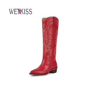 Wetkiss Women Cowboy Cowgirl Knee High Boots with Classic Embroidered Pointed Toe Chunky Heel Pull On Fashion Retro Western Tall ,Women's Shoes,Women's Boots #TikTokShopStockUp