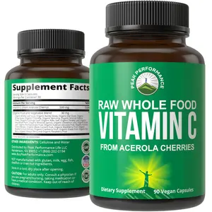 Peak Performance Raw Whole Food Natural Vitamin C Capsules from Acerola Cherry for Max Absorption. Vegan USA Sourced Vitamin C Supplement 90 Pills. 500 mg Serving or 2 Servings 1000mg