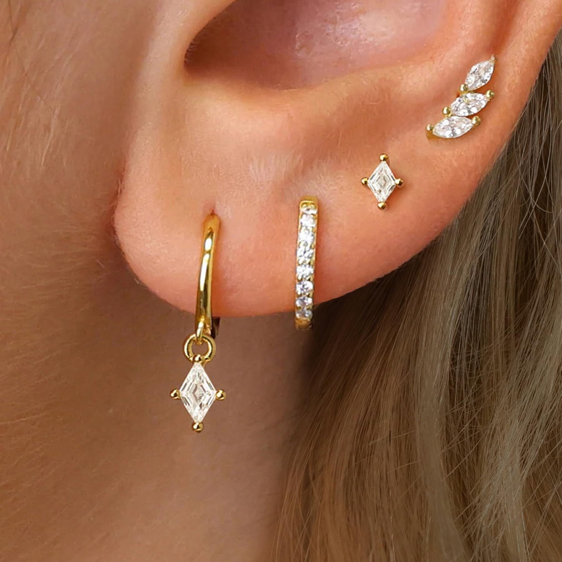 17KM   8 pcs 14K Gold Plated Huggie Earrings Set - Small Stackable Gold Hoop Dangle Earrings for Multiple Piercings, Hypoallergenic Brass Material Cute Minimalist Jewelry for Women Daily Wear