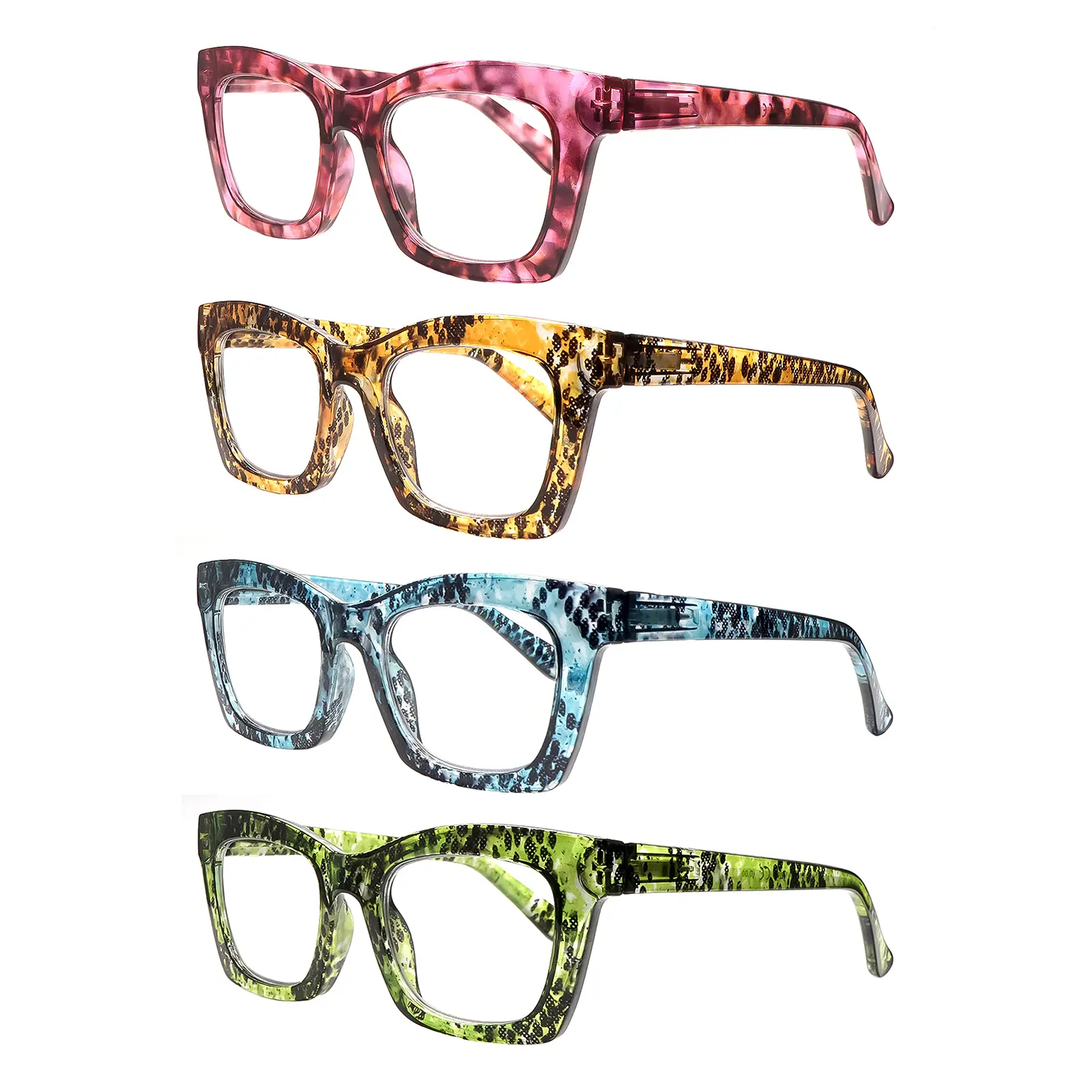 4 Packs Blue Light Blocking Reading Glasses Featuring Stylish Printed Patterns, specifically for women with lightweight frames. Premium blue light blocking lenses incorporate spring hinge technology for durability. an excellent holiday gift choice.