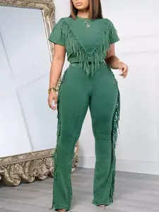 Chic Denim Inspired Fringe Matching Set - Short Sleeve Crop Top and Side Fringe Flare Pants for Spring Outings,  Style, Casual Clothes Fit Womenswear