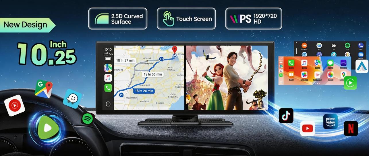 【fathers day gift】VOLAM 10.25" Wireless CarPlay Screen – Big Touchscreen Built-in Netflix , YouTube , TikTok-Watch Movies in Car Like Cinema, Upgrade Your Car with One Screen. Navigation + Entertainment + Backup Camera fathersdaygift