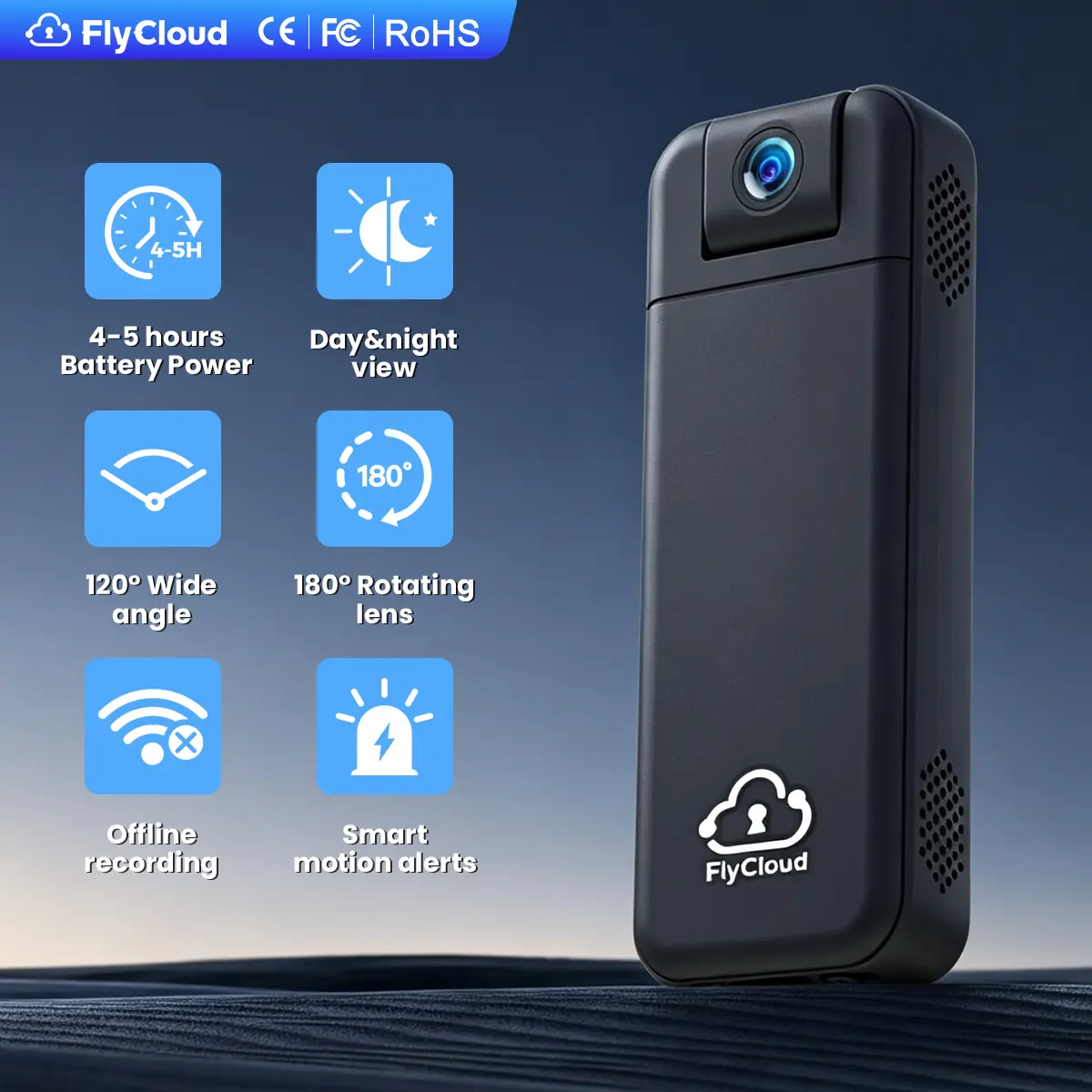 FlyCloud 7 Body Camera 1080P HD with 180° Rotatable Lens120° Wide Angle Smart Infrared Night Vision WiFi Bluetooth APP Control Al Motion Detection 1900mAh Battery Free 16GB TF Card Supports Daily Vlog Pet Recording Portable Camera