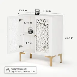 31.5" White Boho Accent Cabinet Mandala Carved Doors Gold Legs, Storage Sideboard Coffee Bar Cabinet for Living Dining Room Entryway