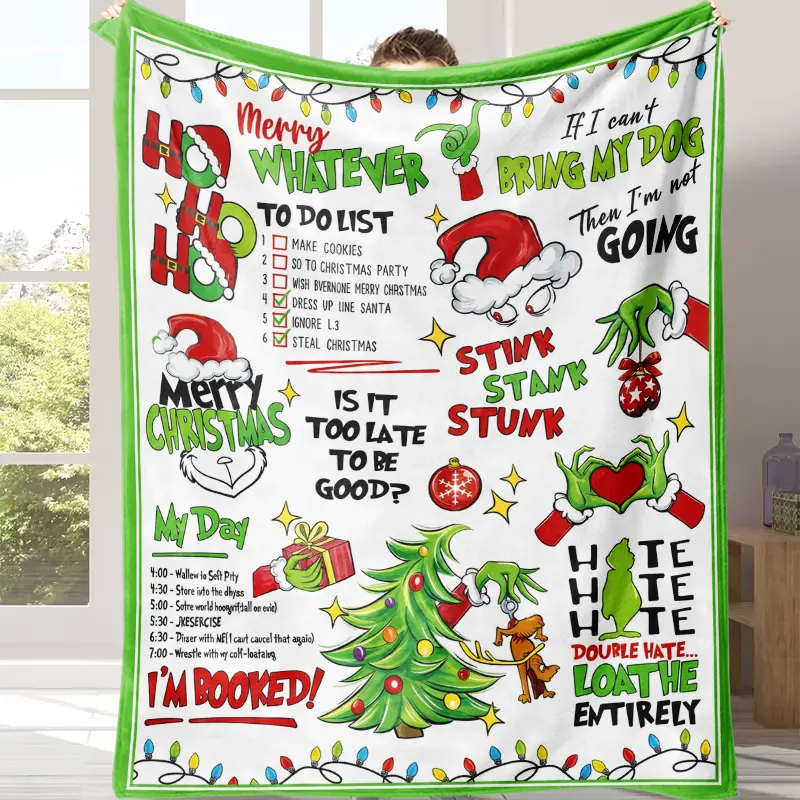Funny Christmas Green Flannel Throw Blanket with Various Patterns - Soft Winter Holiday Bedding, Sofa Blanket for Home, Room & House Decor, Whimsical Home Decor Ideal Birthday Gift for Child | summerwins