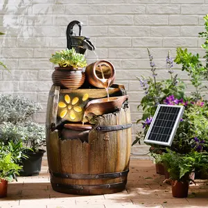 Solar Water Fountain Outdoor Rustic Pump and Barrel,4 Tiered Cascading Bowl Solar Powered Water Fall Fountains Outside Feature with LED Lights for Garden, Patio, Porch, Backyard Decor Waterfall Fountain Outdoor Garden Fountain