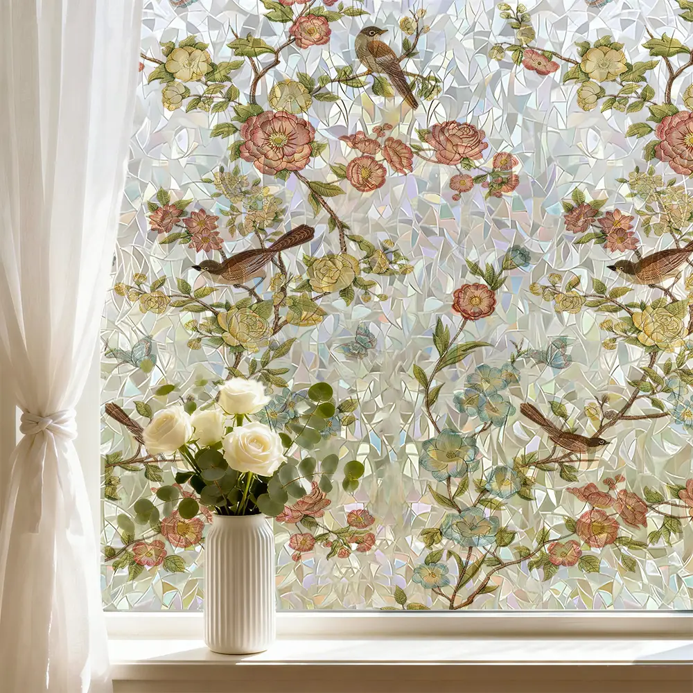 1 Roll Anti-Static Static Cling Iridescent Floral Glass Window Film - Decorative, Light-Filtering Indoor Privacy Artwork, Removable Flower Sticker for Home Decor, Natural Light Preservation, Bedroom Living Room Sliding Doors (Install with Spray Water), Ro