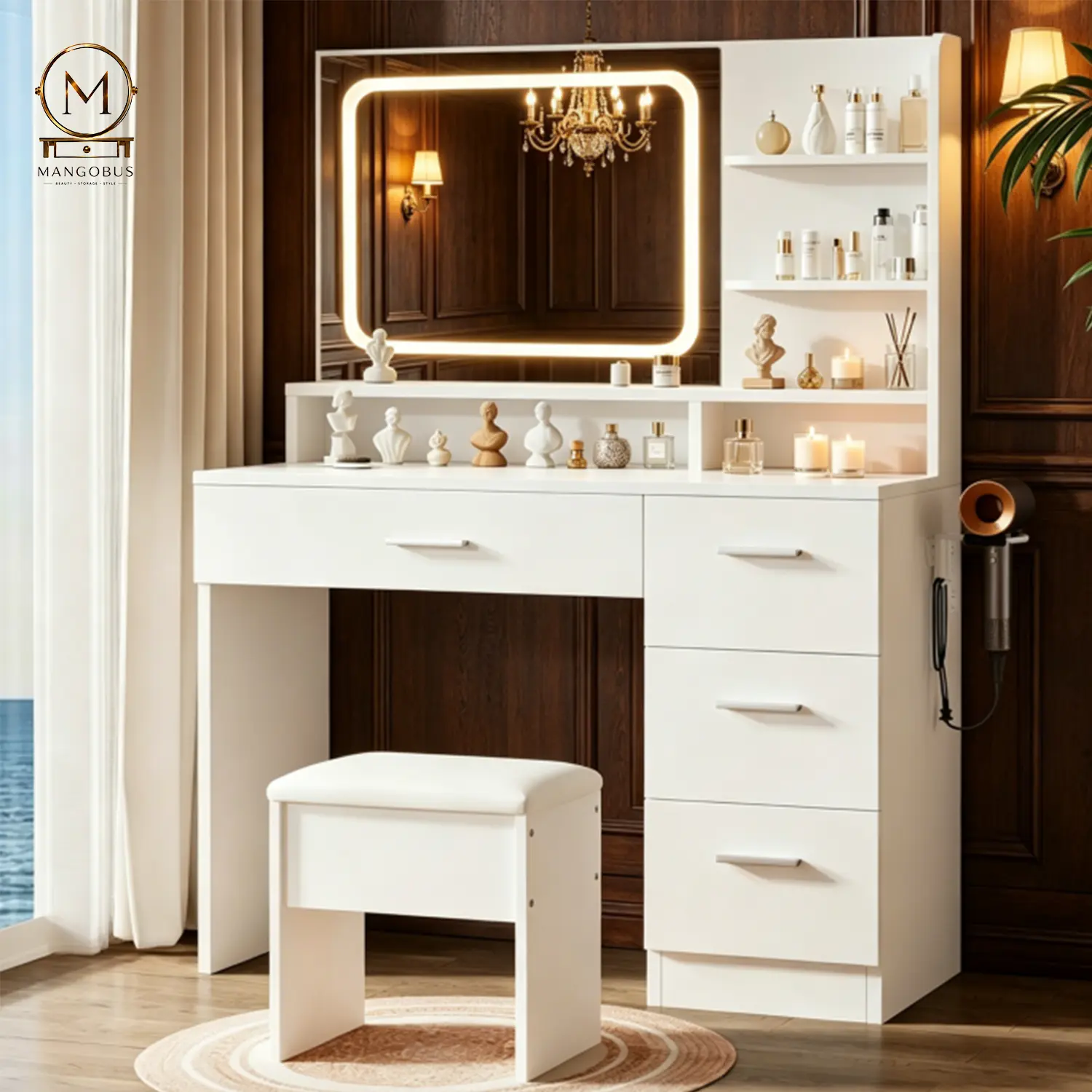 Luxury LED Mirror Vanity Desk for Women - Ample Cosmetic Storage, Cozy Bedroom Makeup Station white light Luxury LED Mirror Vanity Desk for Women - Ample Cosmetic Storage, Cozy Bedroom Makeup Station white light