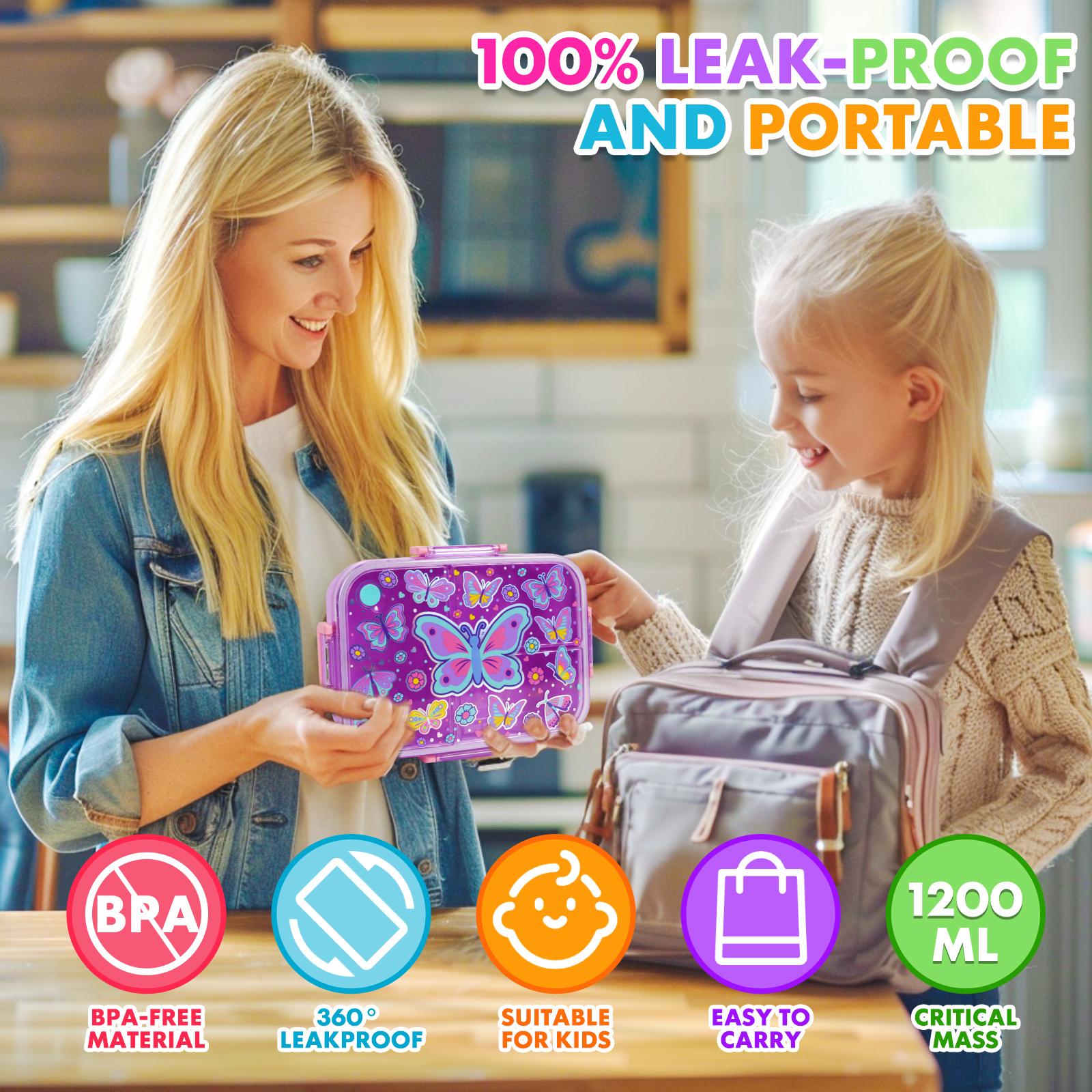 PinkSheep  Family essential children's lunch box with cutlery and bag, 1 summer cartoon patterned lunch box with 5 compartments, suitable for school, kitchen second grade students, summer gift creativity, school supplies,, 1200ml - cutlery Tableware