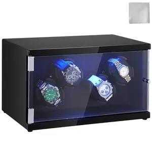 VEVOR Watch Winder,  , Watch Winder for 4 Men's and Women's Automatic Watches, with 2 Super Quiet Japanese Mabuchi Motors, Blue LED Light and Adapter, High-Density Board Shell and Black PU
