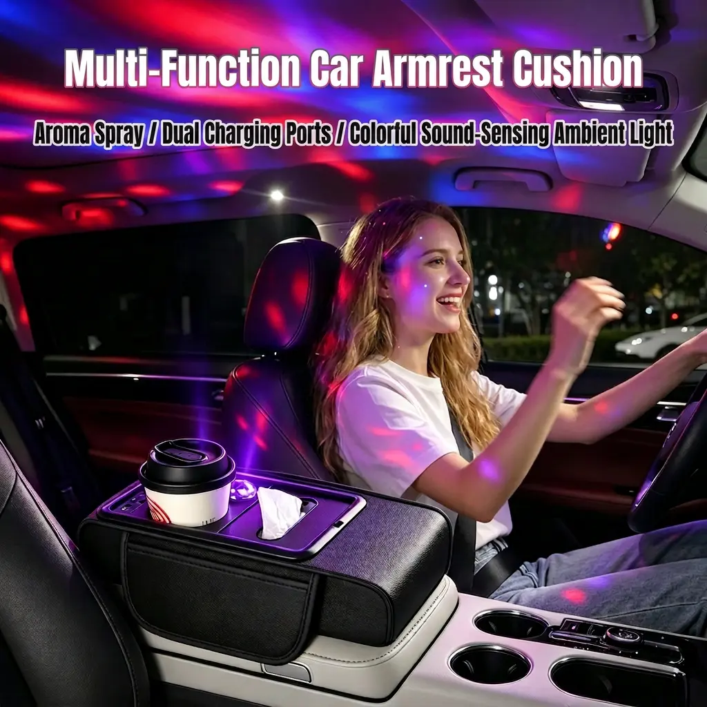 8-in-1 Car Armrest Cushion - Memory Foam Console, RGB Light & USB Charging, Cup Holder & Side Pockets, Car waterproof interior Accessories, Car Stuff