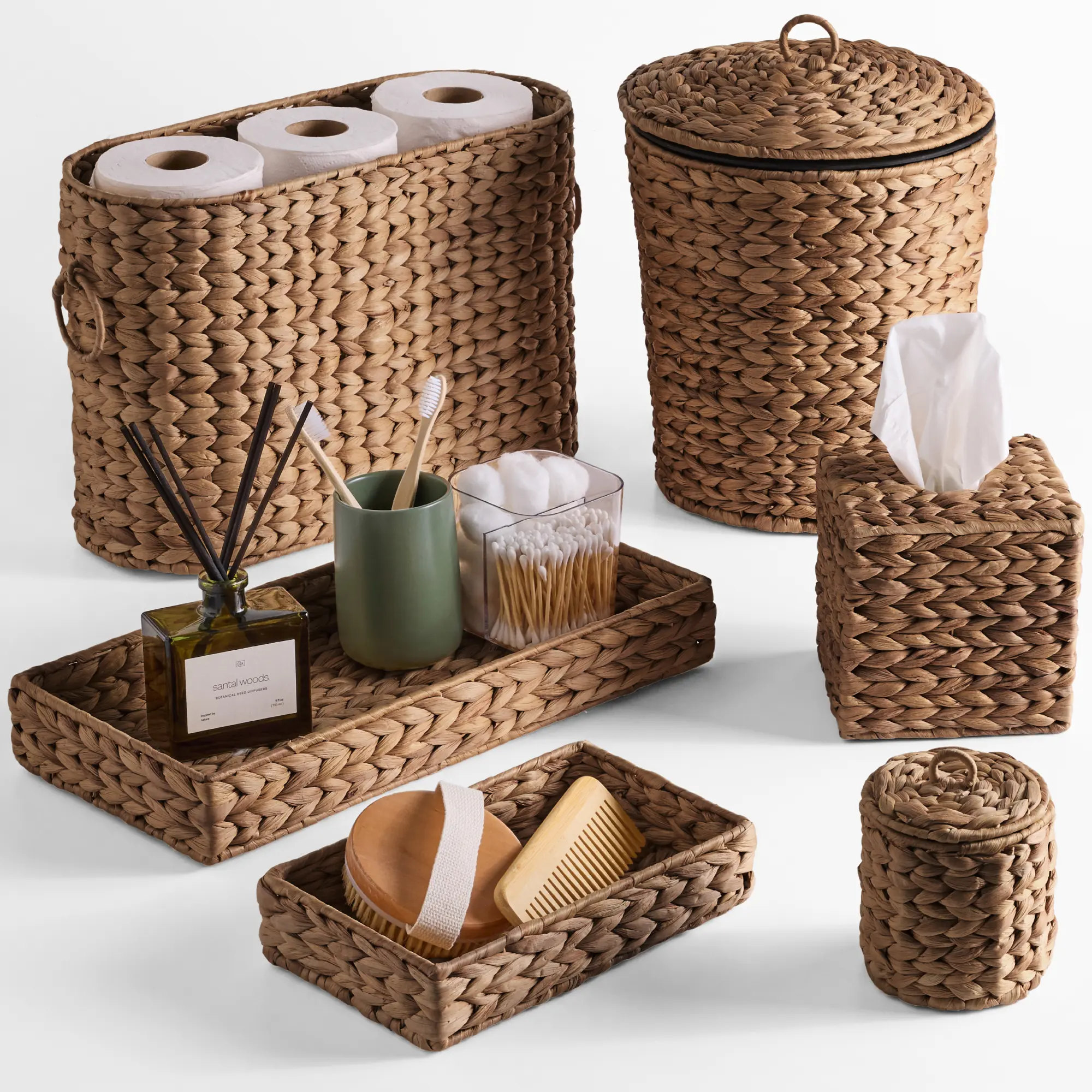 Best Choice Products 6-Pc Water Hyacinth Bathroom Storage Set, Includes Trays, Trash Bin, Toilet Paper Storage, Tissue Box Cover, Garbage Can