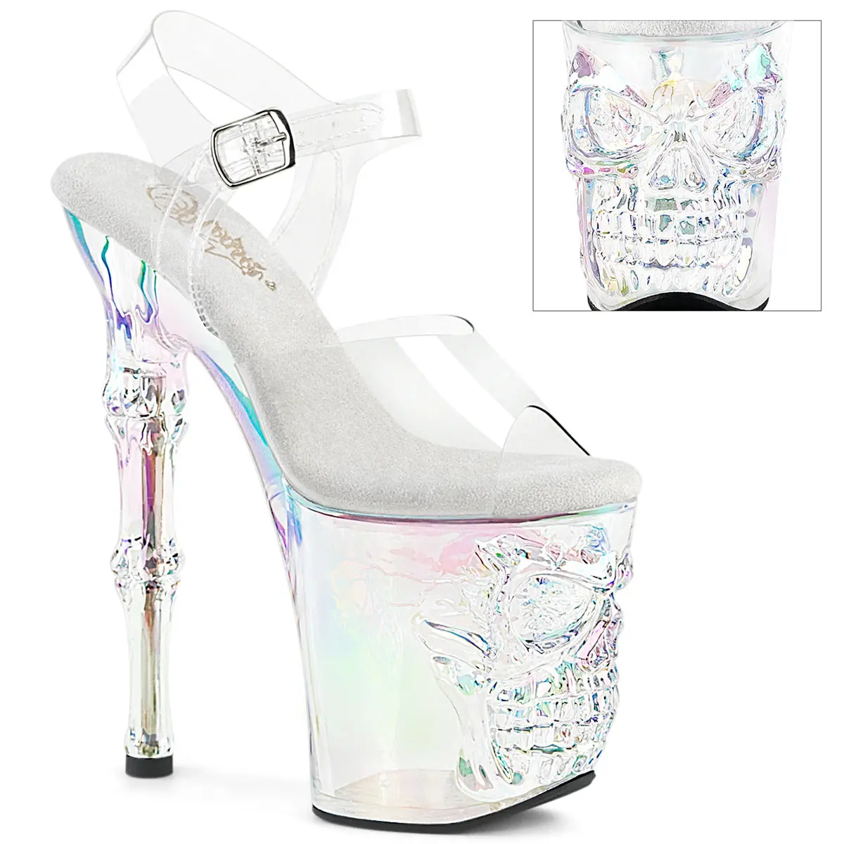 Women's Gothic Statement Platform Sandals with a Sculptural Finger Bone High Heel, Transparent Ankle Strap & Holographic Skull Bones, High Heels, Heeled