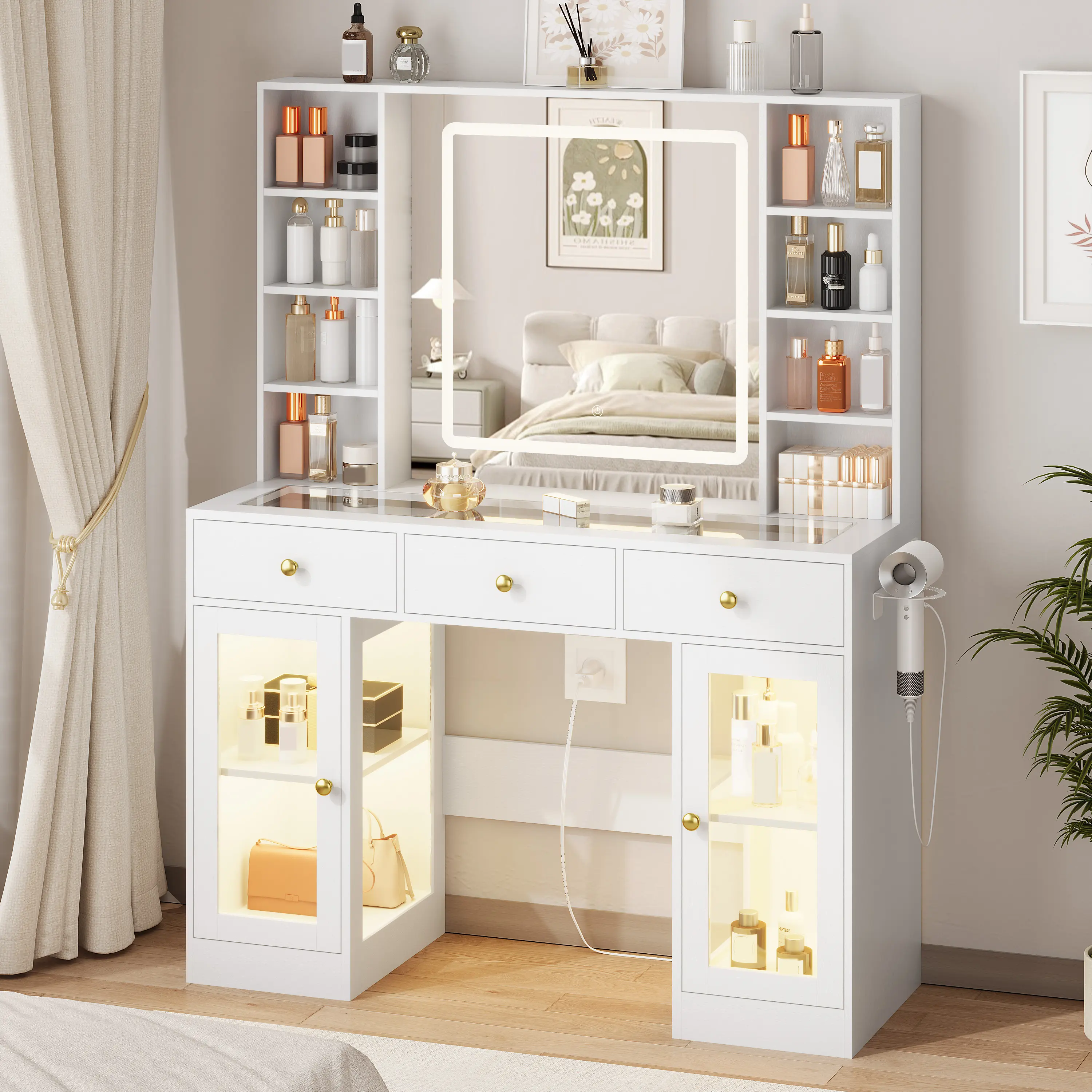 Stylish Vanity Table with Mirror and Lighted Glass Top – Makeup Desk Featuring RGB-Lit Drawers, Power Outlet, Storage Shelves, and Cabinet; Suitable for Bedrooms, Vanity With Mirror, Bright Light Makeup Vanities