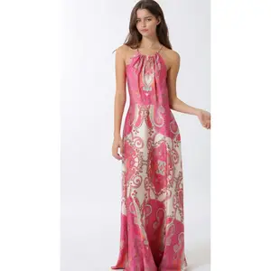 Fuchsia Paisley Print Halter Maxi Dress