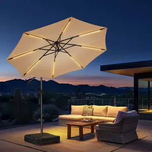 【Spring Sale】10ft Solar LED Cantilever Patio Umbrella  UPF50+ UV Protection Outdoor Offset LED Lighted Hanging Patio Outdoor Market Umbrella with Easy Tilt and Crank for Pool Deck & Garden-With Base