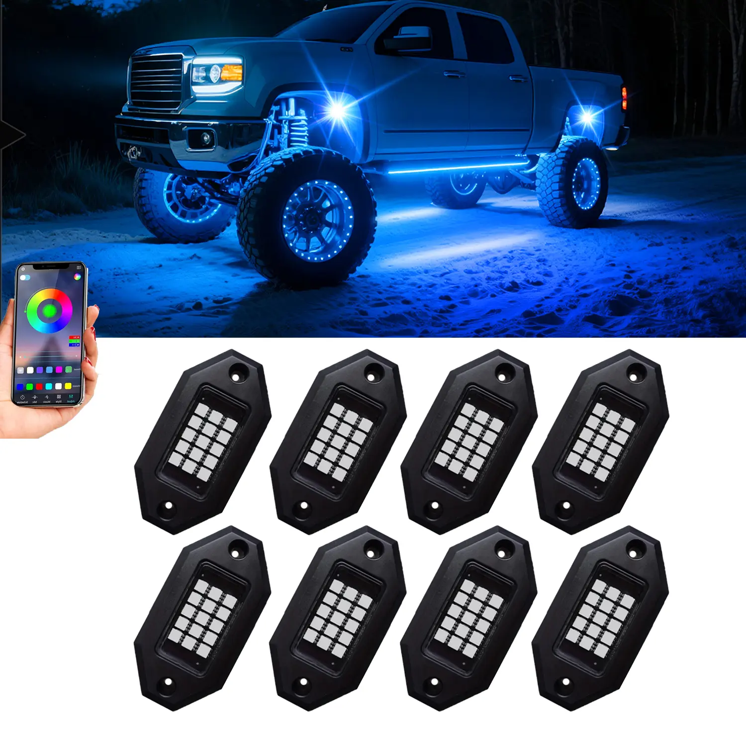 8/10/12 Pods RGB LED Rock Light No Remote, Under glow Multi color Neon  Kit, Wheel Well  with APP Control & Music Mode for Trucks,Jeep,SUV,Golf Cart,ATV,Pickup Off Road,12V rock light