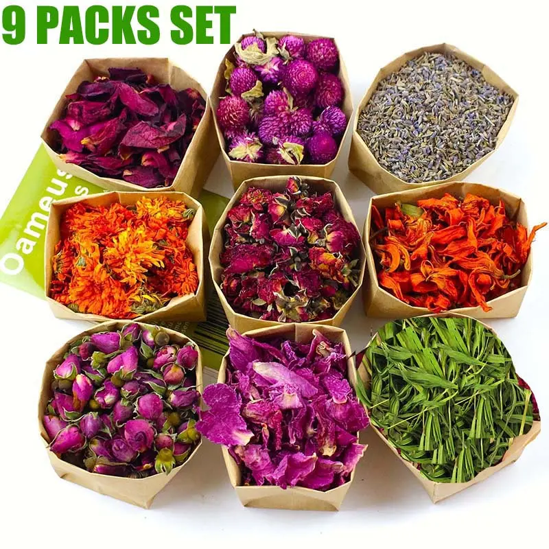 9 Packs Set Dried Flowers,Dried Plants For DIY Aromatherapy Candle Making,Soap Making,Jewelry Making,DIY Handicrafts,Christmas gifts,Mother's Day decorations,Halloween decorations,Forget-me-nots, Jasmine Flowers, Lavender,Chrysanthemums,Roses, Lily,Peony