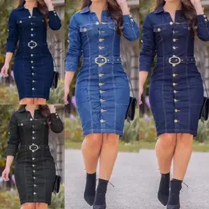 NewDenimDressWomenLapelSlimFitElegantPencilDressesLongSleeveHighWaistSingl-Breasted?BlackWomenswear