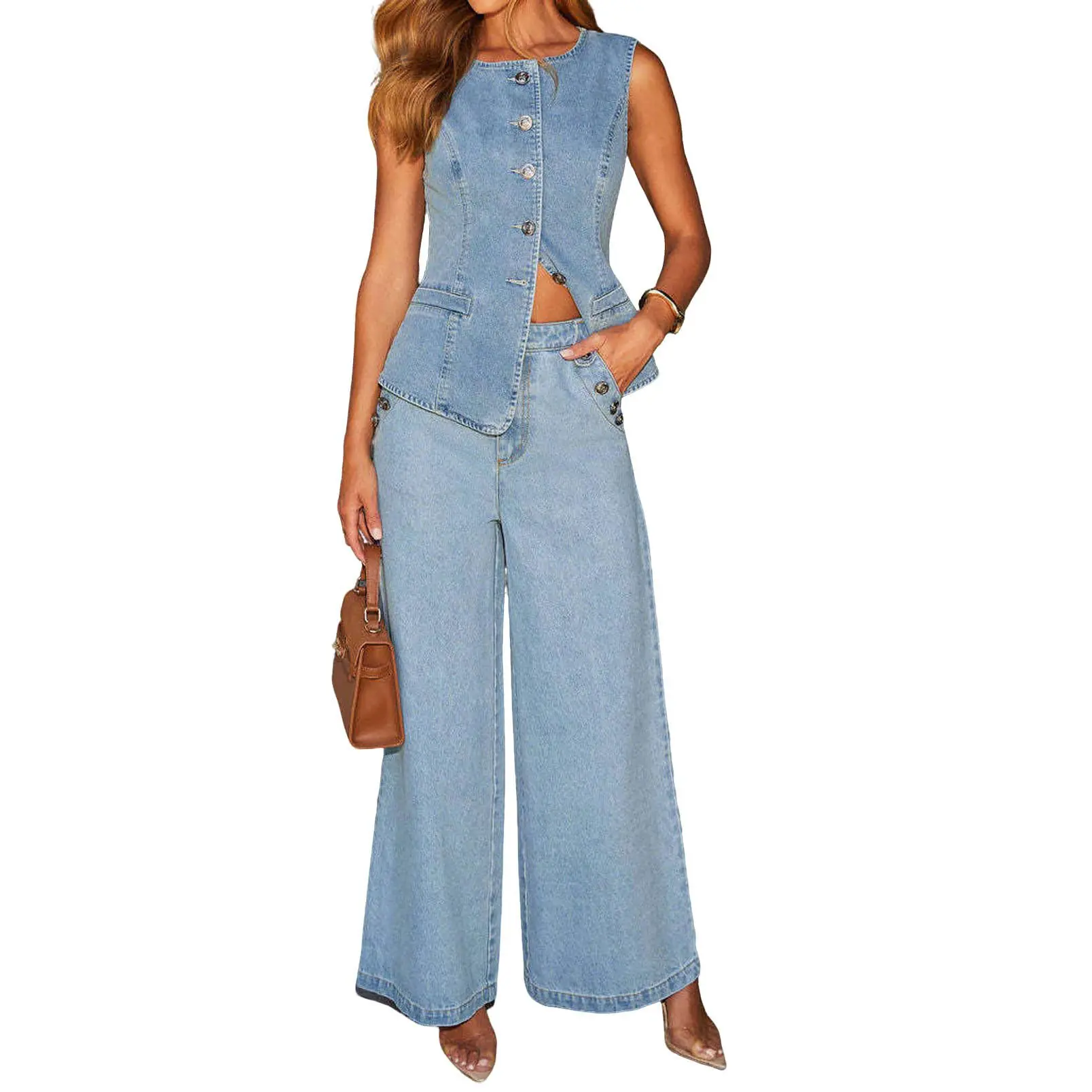 Chouyatou Women Y2K Denim 2 Piece Outfits Button Sleeveless Jean Vest Top Wide Leg Palazzo Jeans Matching Set