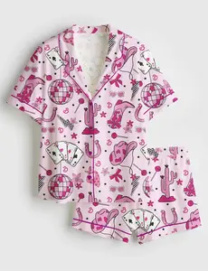 Women’s Western Pink Barbie Retro Long Sleeve Satin Pajama Set - Pyjamas - Includes Short Pajamas and Long Pajamas.