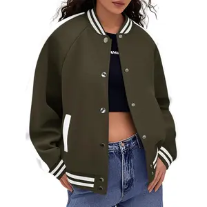[Clearance] Women's Varsity Jacket Baseball Uniform Casual Long Sleeve Sport Bomber Jacket Coat Army Green Fitted Stripe Crewneck Button Tops