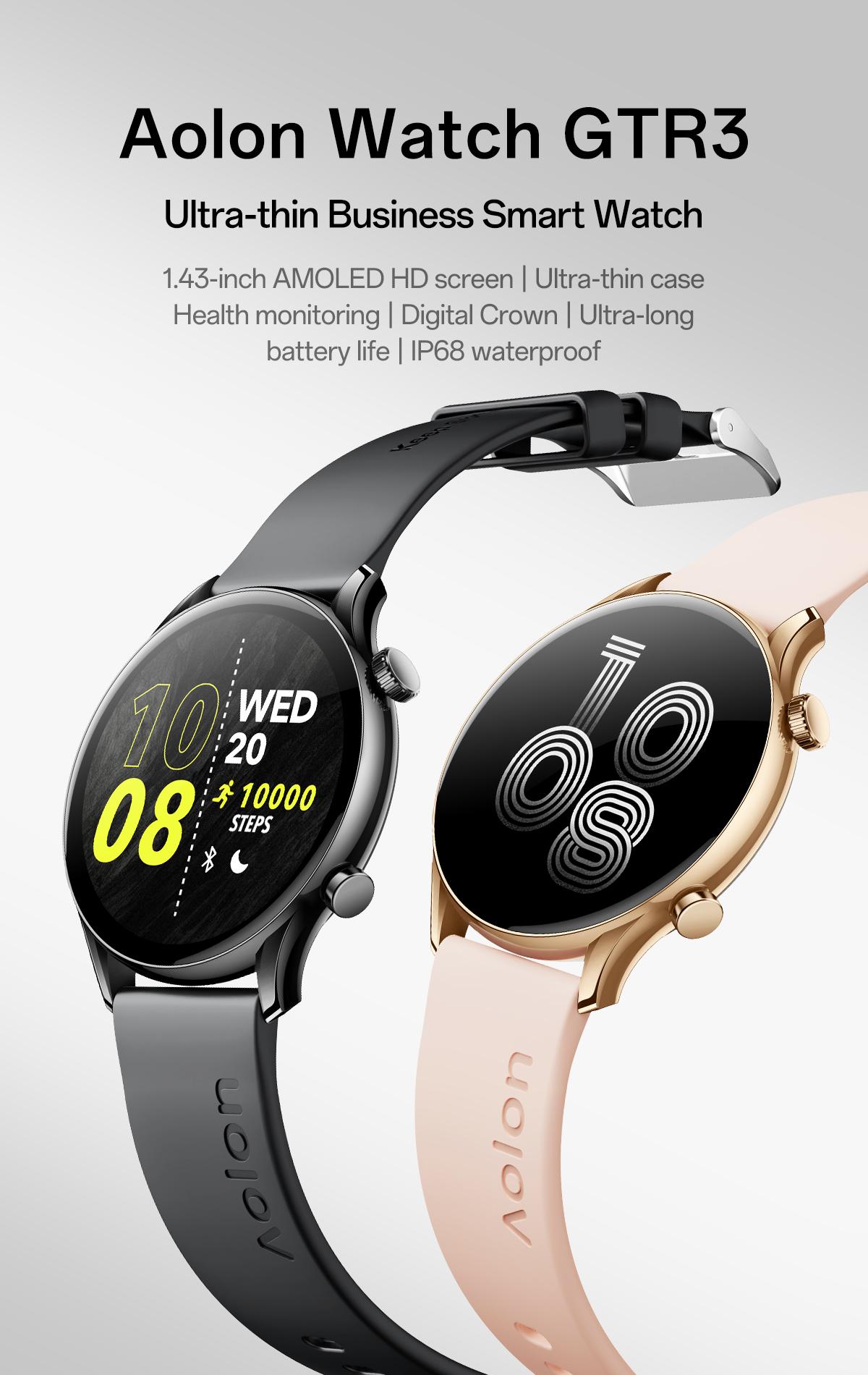 Aolon GTR3 Smartwatch — Stylish business smartwatch with 1.43" AMOLED display, AOD, heart rate monitor, 110+ sports modes, waterproof, 120-hour battery, USB rechargeable, for professionals, iOS & Android compatible.