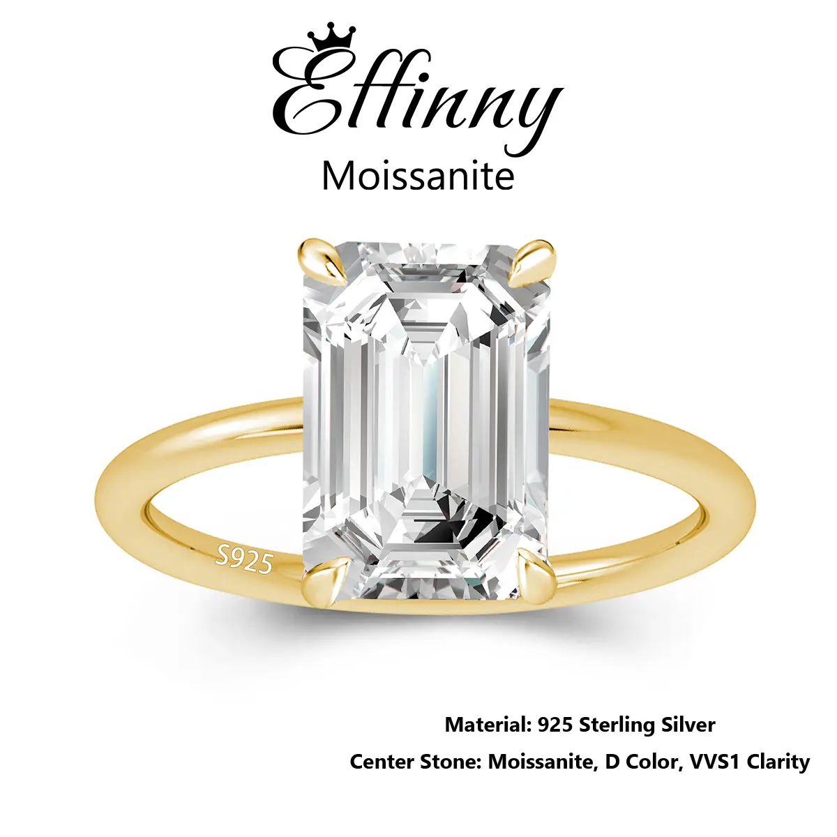 Effinny 3.5 Carat Synthetic Moissanite Excellent Rectangle Cut Solitaire Golden Plated Engagement Ring, D Color VVS1 Sterling Silver Women's Jewelry for Daily, Wedding, Party, Birthday, Engagement Rings