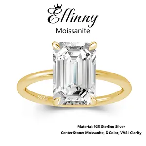 Effinny 3.5 Carat Synthetic Moissanite Excellent Rectangle Cut Solitaire Golden Plated Engagement Ring, D Color VVS1 Sterling Silver Women's Jewelry for Daily, Wedding, Party, Birthday, Engagement Rings