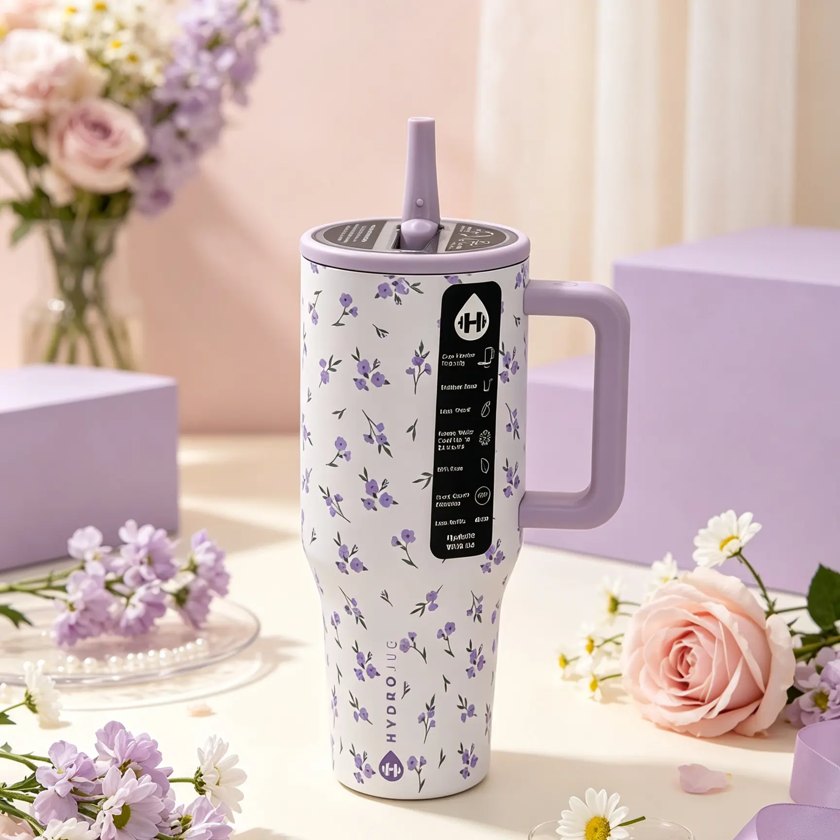 HydroJug 40oz Insulated Tumbler with Handle & Straw, White Cup with Purple Tiny Floral Print, 18/8 Stainless Steel Vacuum Travel Mug, Leakproof Cold Water Cup, Car Cup Holder Friendly for Sports Travel Daily Use