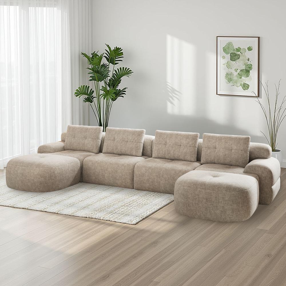[Summervibes - 3 PKGS] 145'' U-Shaped Modular Sectional Boneless Sofa Couch Full-Foam Structure Compression Packaging Woven Texture Upholstery Oversized Modern Living Room Couch for 4+ Years of Comfort, Gifts for the Whole Family: Husband&Wife, Mom & Dad