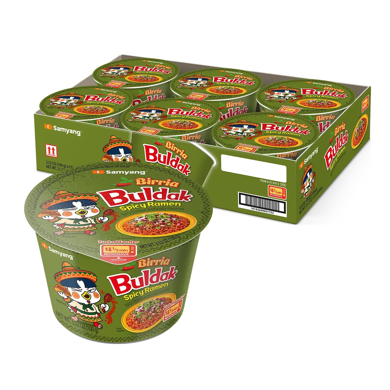 Buldak Pack of 6 Birria Hot Chicken Spicy Flavor Korean Instant Ramen Noodle Big Bowl Easy Prep Convenient