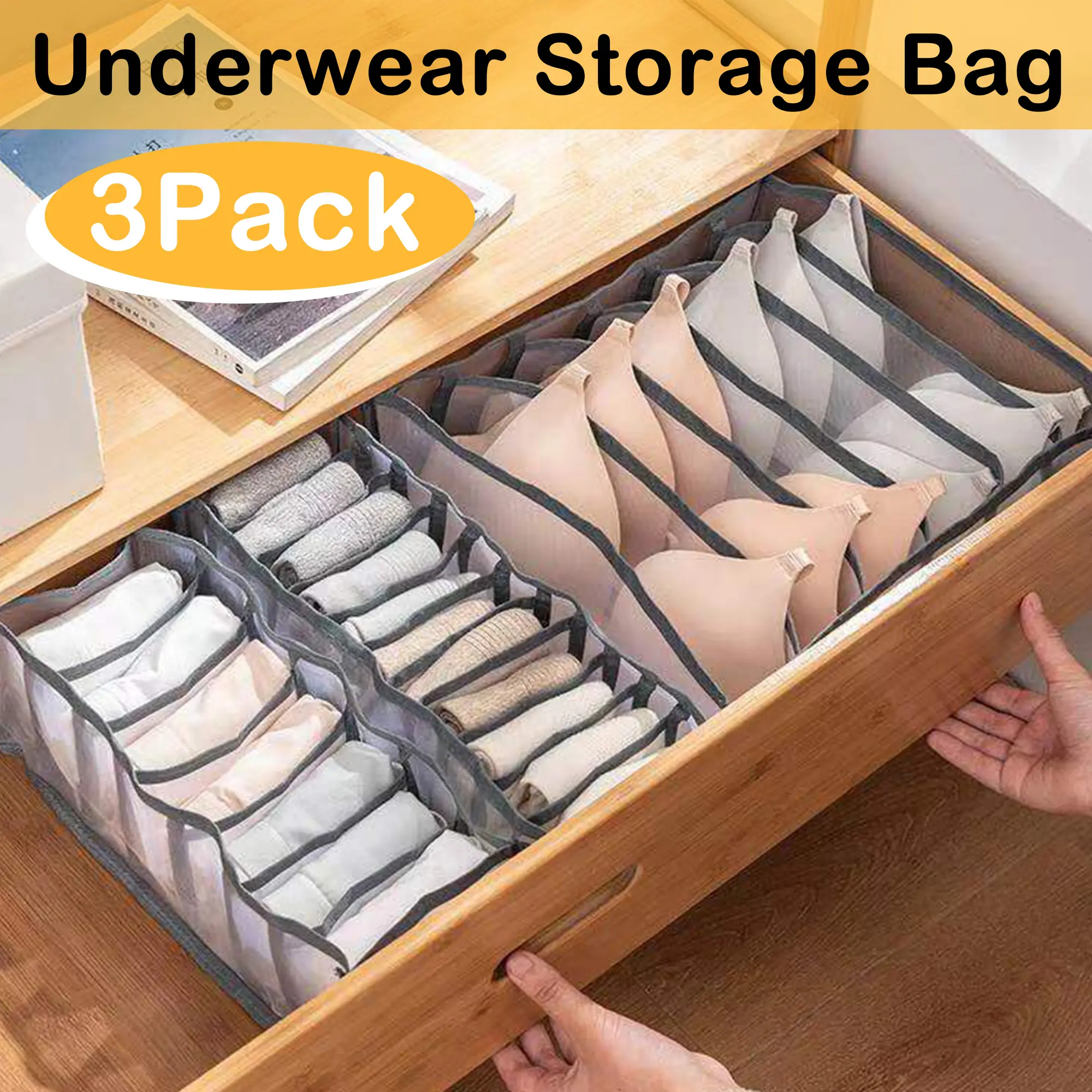 3-Count Soft Fabric Simple Organizer Storage Boxes, Foldable Divided Home Bins with Compartments for Bras, Socks, Ties, Panties, Scarves (Includes Bra, Panty, Sock Inserts), Storage Organization, Cloth Covered Open Storage Bins