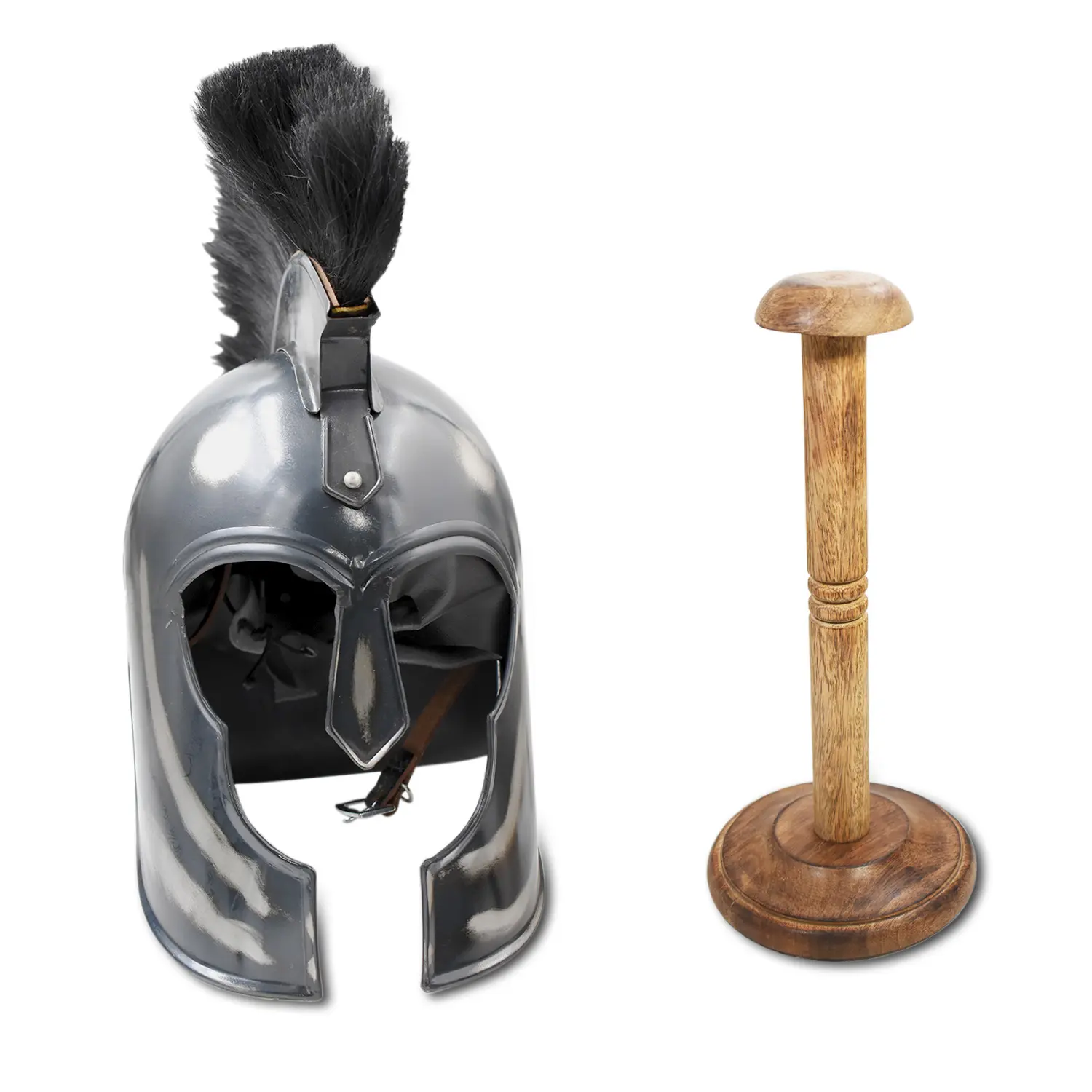 Medieval Warrior Spartan Helmet, Handcrafted 18 Gauge Steel Armor for Adults with Black Plume, Wearable Body Exterior Accessory for Cosplay, Includes Adjustable Liner & Wooden Stand