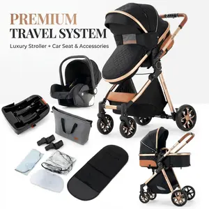 4-in-1 Convertible Baby Stroller with Car Seat Base and Bassinet Mode Travel System, Portable Lightweight Folding Stroller with Adjustable Canopy and Smooth Wheels, Mom Approved Stroller for Outdoor Walks Travel Shopping, Luxury Multifunction Baby Gear