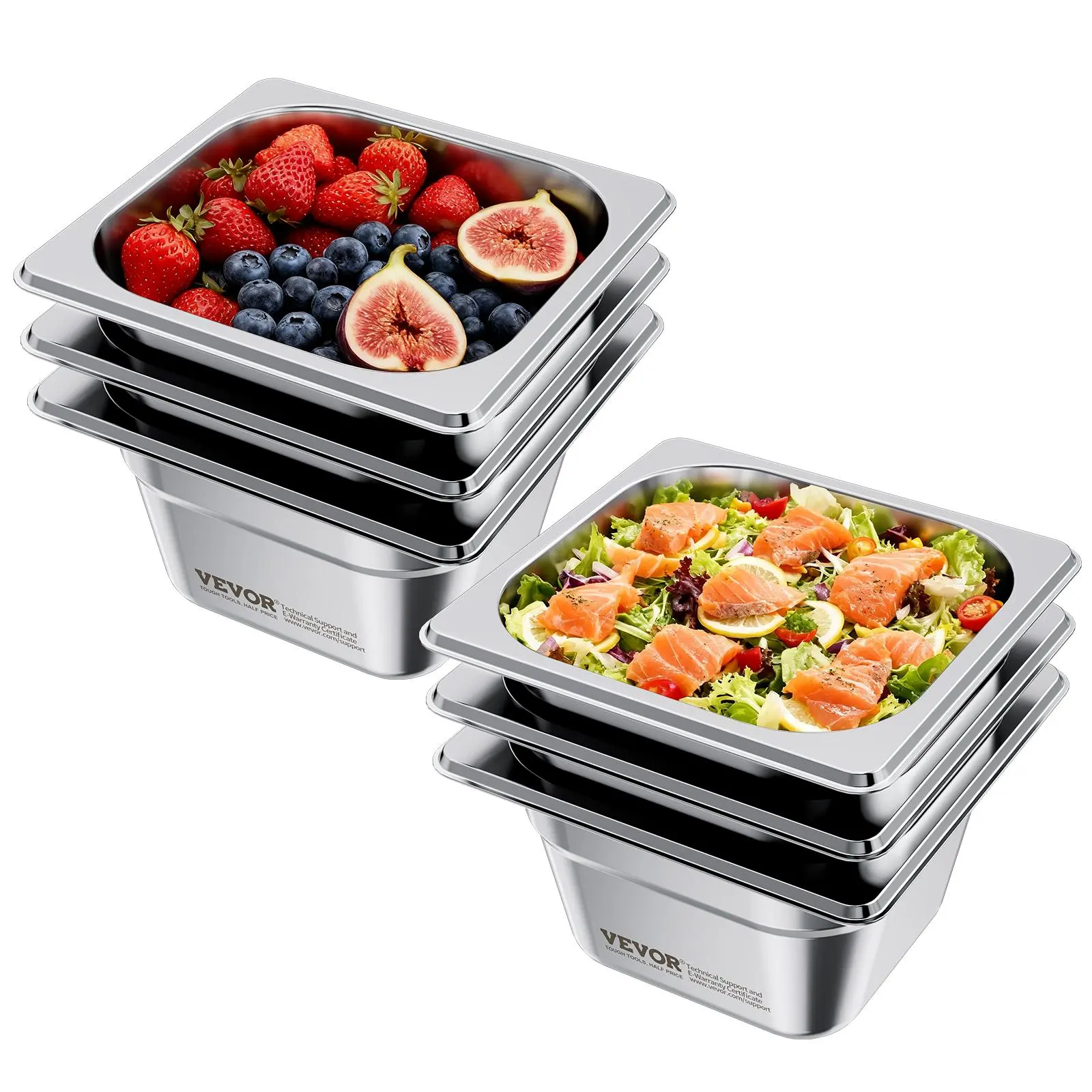 VEVOR 6-Pack 1/6 Size SS201 Steel Hotel Pans, 4" Deep 1.7 L/6.8 Qt Stackable Restaurant Serving Pans, Anti-Jam Smooth Matte Electrolytic Finish, Rustproof Reusable Easy-Clean Storage Containers