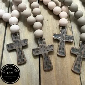 44x30mm Hammered Cross-Antique Copper-Wood Bead Car Charm- Christian Car Accessories