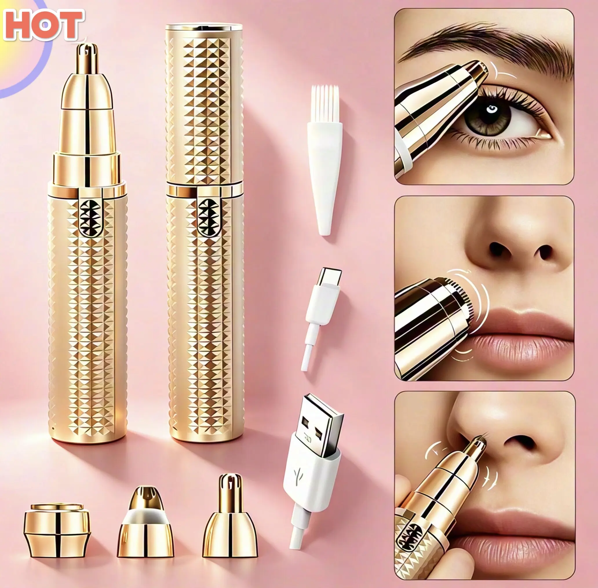 3-in-1 Facial Hair Remover for Women, Painless USB Rechargeable Eyebrow Trimmer & Shaver for Peach Fuzz, Golden Precision Brow Kit with 3 Heads, Brush,dorm essentials, Beauty Products tiktokshopbacktoschool,back to school,back to school haul