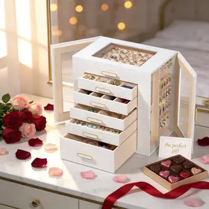 BOOVO Large Jewelry Organizer Box - Transparent Sides for Hanging Necklaces Earrings 6 Drawer Compartments for Necklaces Earrings Bracelets Rings Watches Rose Gold Room Vanity Multifunctional Storage Solution Gift