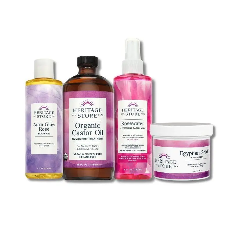OG Favorites Organic Body Care Bundle - Rosewater Mist, Castor Oil, Egyptian Gold Butter, Lightweight Glow Body Oil for Moisture & Radiant Skin