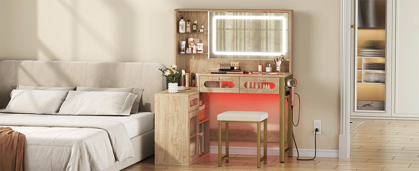 Oak-colored vanity table with mirror light fixture, three color modes, dual RGB drawers, large-capacity tempered glass cabinet body, power outlet, adjustable lighting, ample storage space, built-in charging station