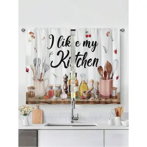 2 pcs of vintage country-style kitchen curtains, farmhouse style, mushroom leaf wood grain print, holeless design, suitable for home decoration in bedrooms, offices, kitchens, living rooms, studies, etc.