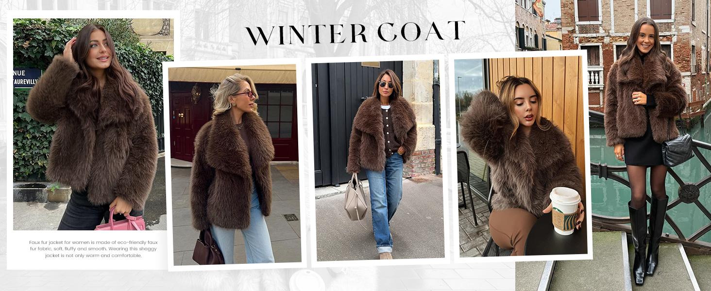 Faux Fur Jacket for Women Lapel Cropped Furry Coat 2026 Spring Fluffy Faux Fur Jacket Long Sleeve Winter Open Front Shaggy Parka Outerwear Casual Womenswear with Side Pockets-Cocktail Elegant Festival SpringStatements