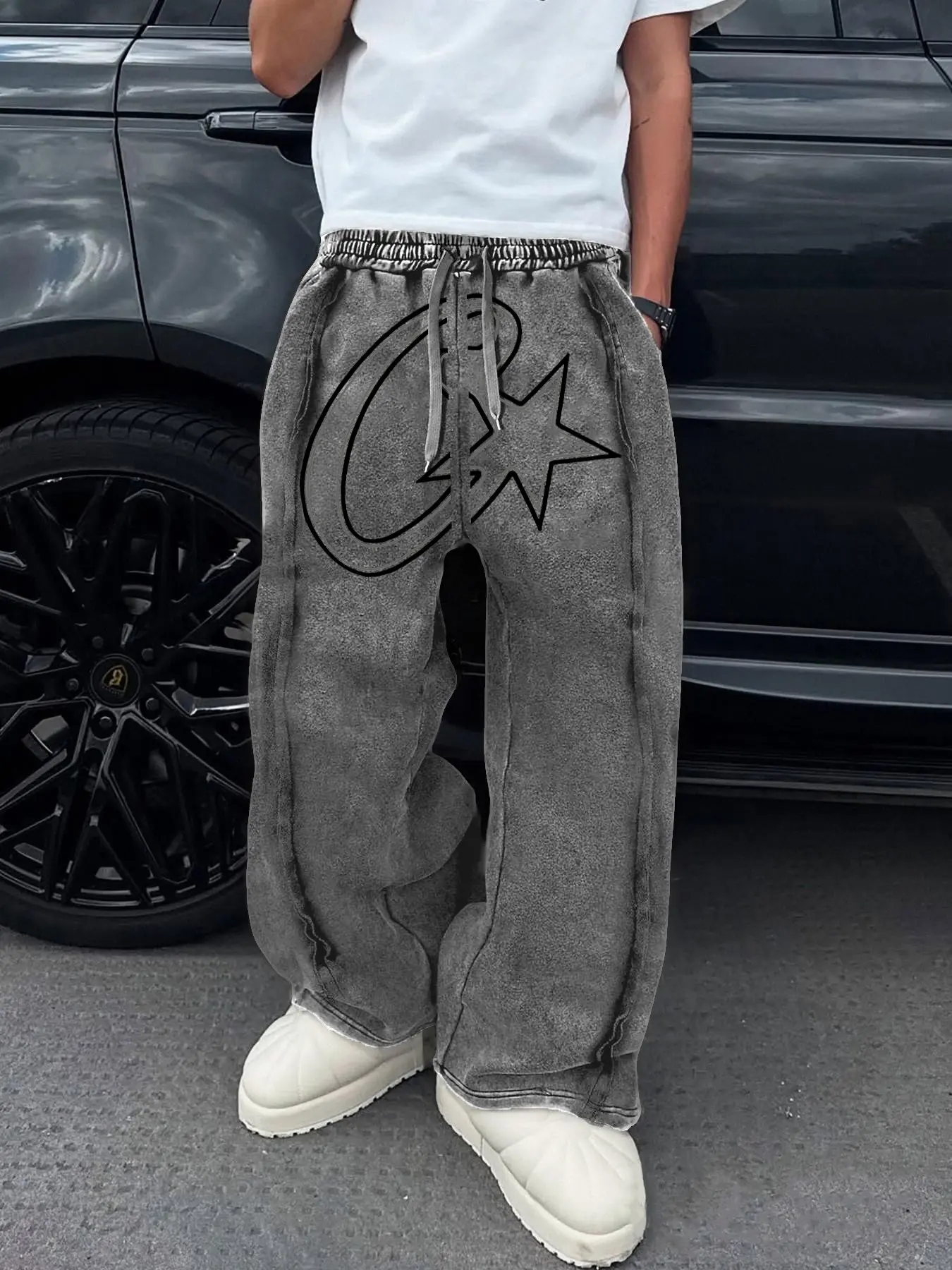 Men's Wide Leg Casual Pants with Star Print, Drawstring Waist Trousers, Fitted Velour Fabric, Comfortable Breathable Street Style, Daily Wear & Commuting