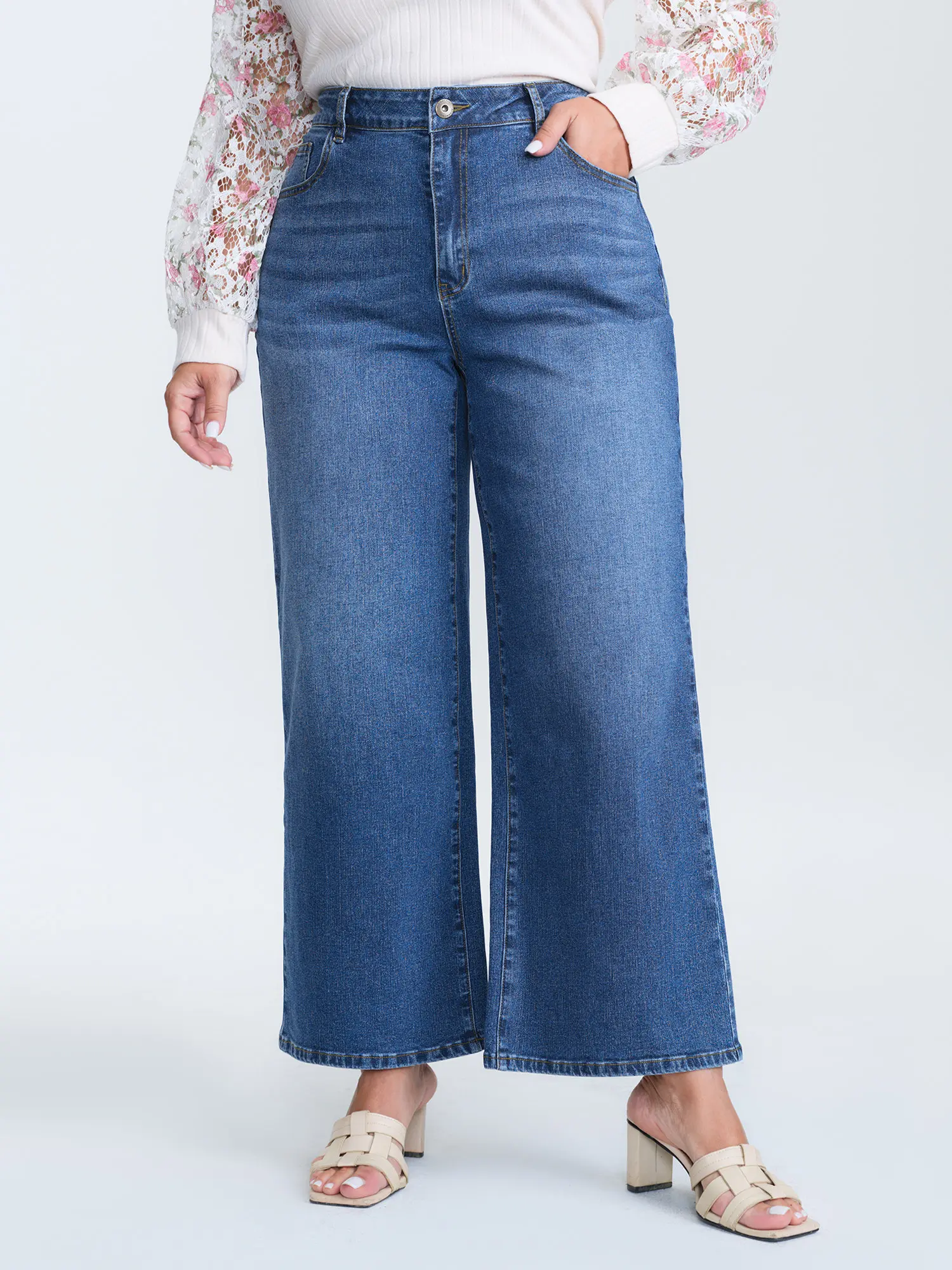 【Wide Leg】BLOOMCHIC Plus Size Mid-Rise Stretchy Wide-Leg Jeans [M-6X] Fit Bottom,Summerfinds