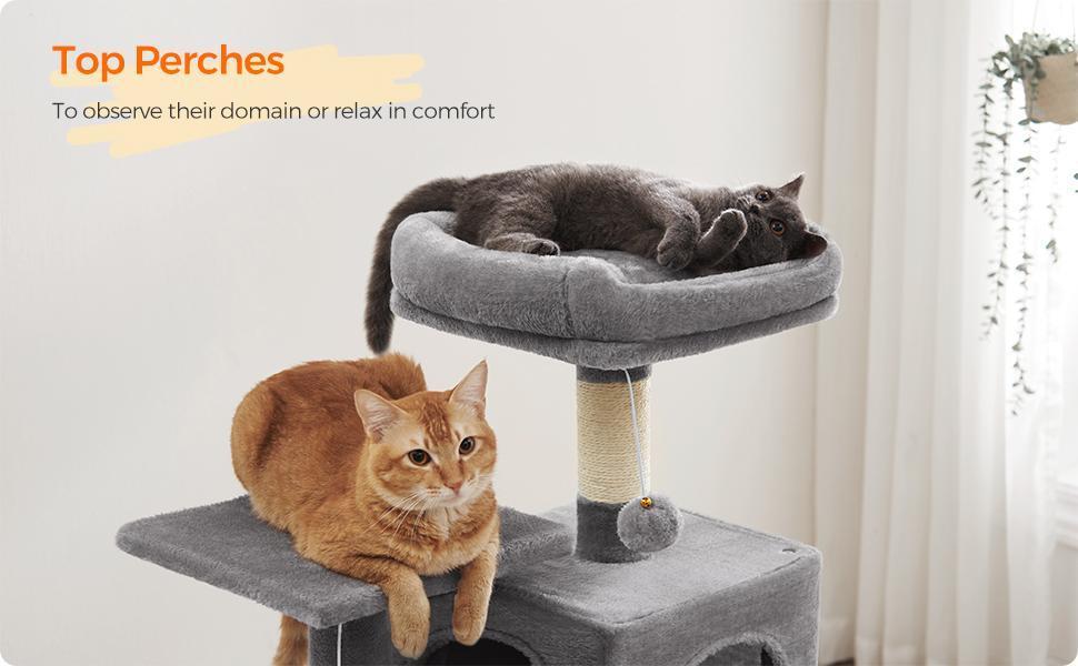 Feandrea Cat Tree with Scratching Posts, Hammock, Plush Perch & Activity Center - 44.1-Inch Multi-Level Cat Tower for Pets - Light Gray UPCT161W01